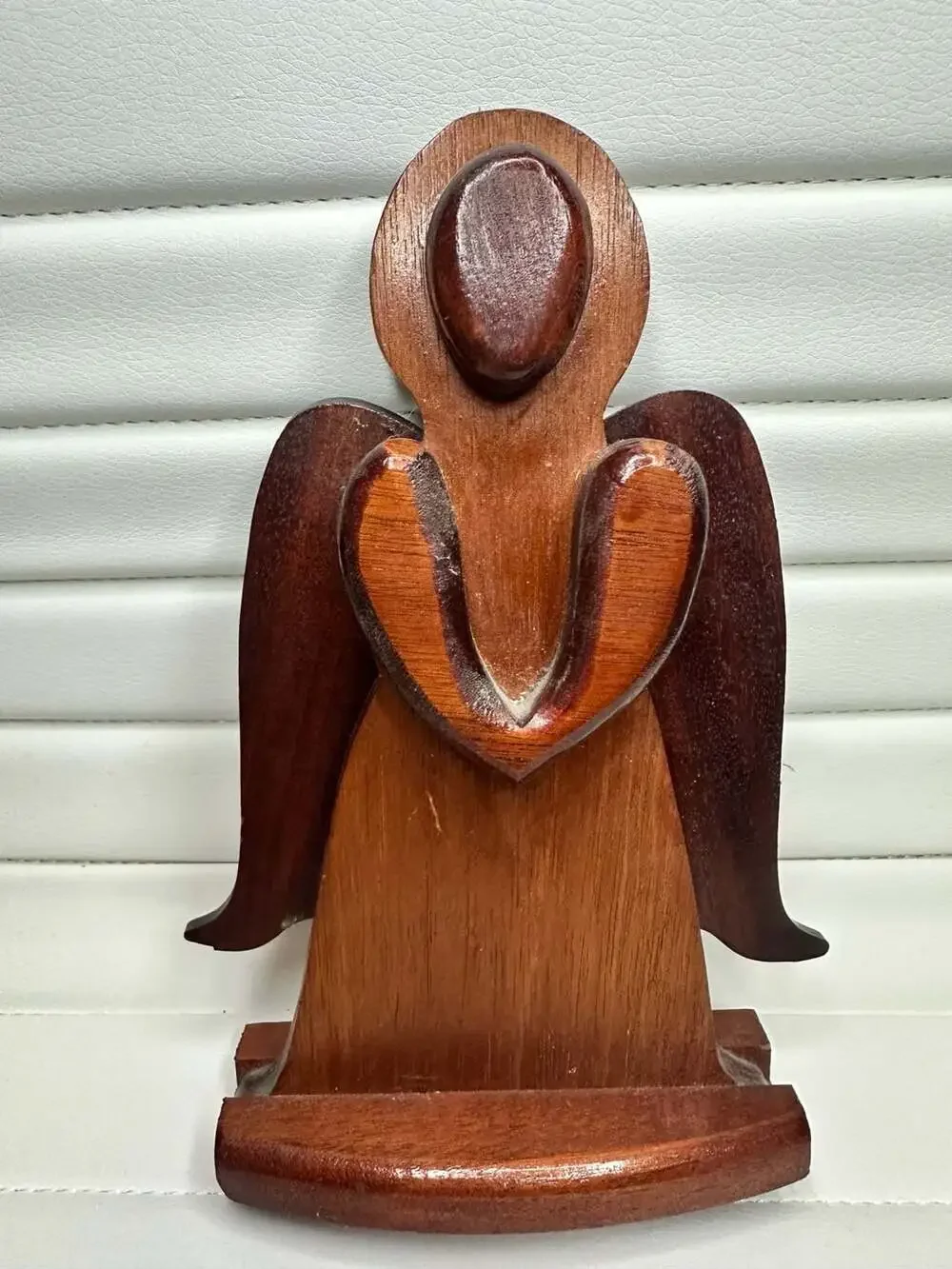 Handcrafted Wooden Carved Angel Figurine with Heart Center Acacia Wood